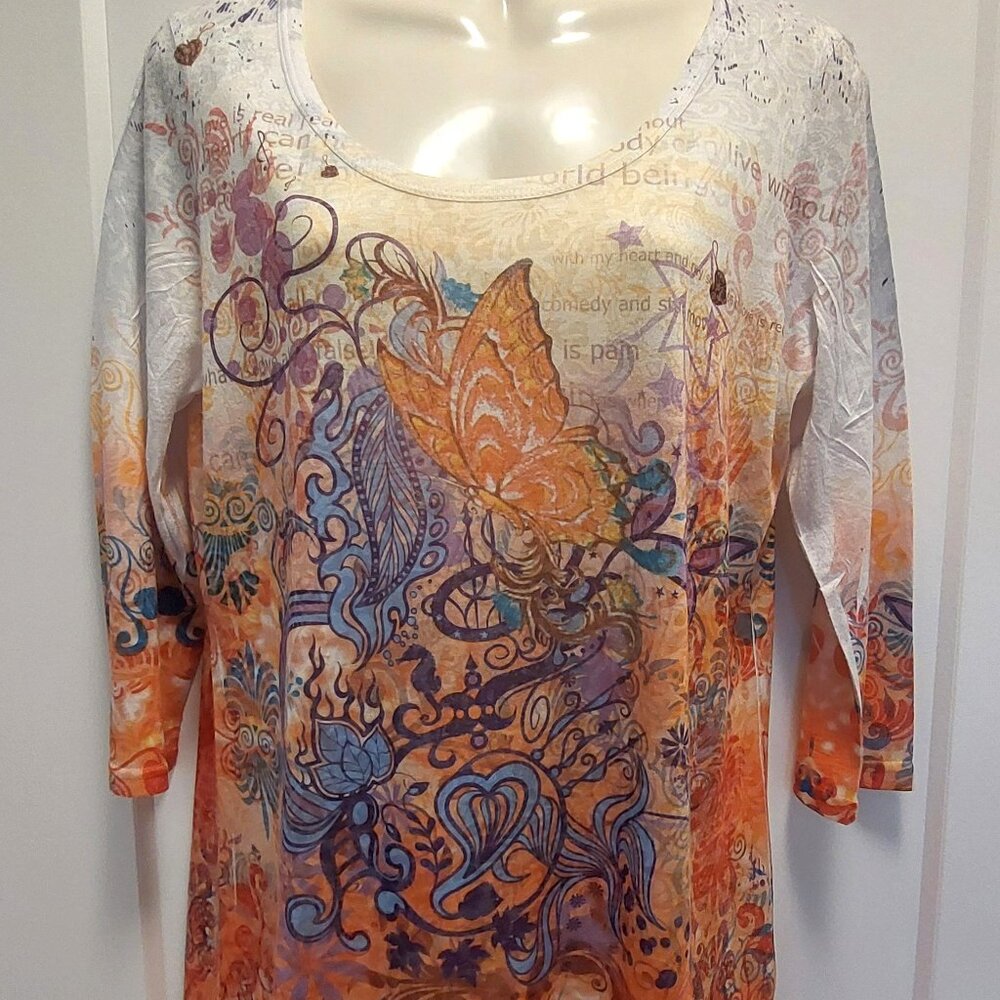 MISS COCOA Women's Orange/White Graphic Print 3/4 Sleeves T-Shirt - Size Large